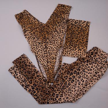 80s Dance Aerobics High Cut Leotard Tights Headband Set Leopard Print Medium 