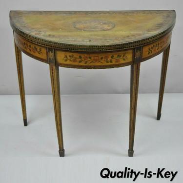 19th C. English Edwardian Polychrome Adams Painted Demilune Console Game Table