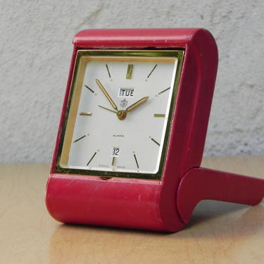 Vintage Red Case Swiss Travel Alarm Clock with Day and Date 