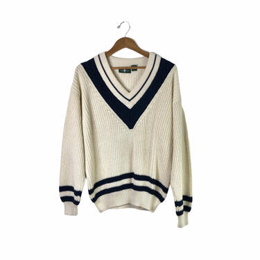 Vintage 80's V Neck Varsity Oversized White Navy Sweater, Size Large 