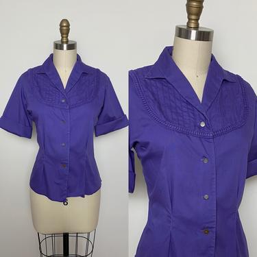 Vintage 1950s Blouse 50s Purple Cotton Top Size Large 