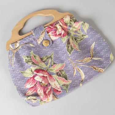 Vintage 1940s Purse | 40s Floral Cotton Wood Handle Handbag Purple Pink Topical Hawaiian Tiki Knitting Bag 
