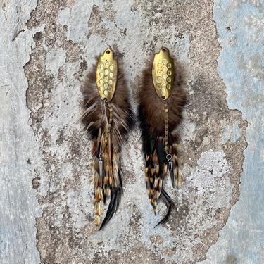 Fishing Lure Feather Earrings, Feather Cocktail Earrings, Art Deco Feather Earrings, Feather Festival Earrings 