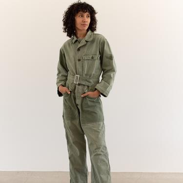 Vintage Green Herringbone Twill Belted Coverall | Painter Army Jumpsuit Flight Suit | Studio Boilersuit | S M | GC007 | 