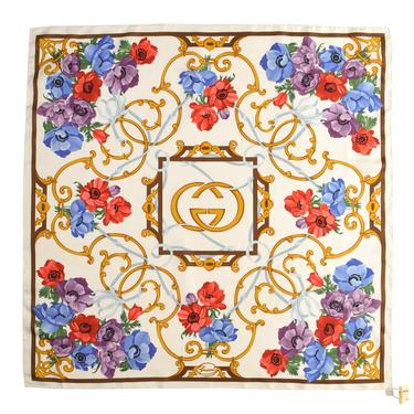 Gucci Vintage White GG Logo Multicolor Poppy Floral Silk Scarf
