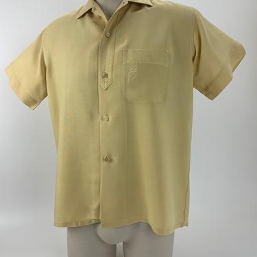 1950'S Rayon Shirt - Embroidered Button Placket, Collar & Pocket Detail - Personality Label - Patch Pocket - Men's Size: Medium 