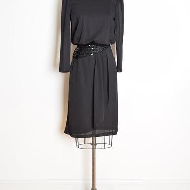 vintage 80s dress black sequin waist draped disco clothing long sleeve S 