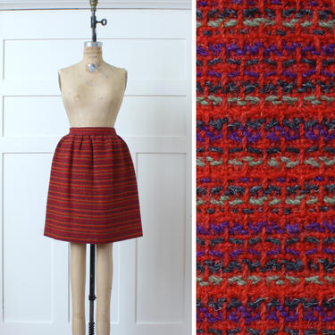 vintage 1960s skirt • red & orange woven stripes wool skirt • cute flared knee length fit 