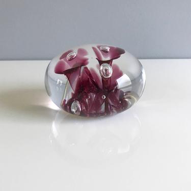 Vintage Pink Floral Art Glass Paperweight / Controlled Bubble with Pink Purple Floral / Prestige Art Glass 1993 Signed Paperweight 