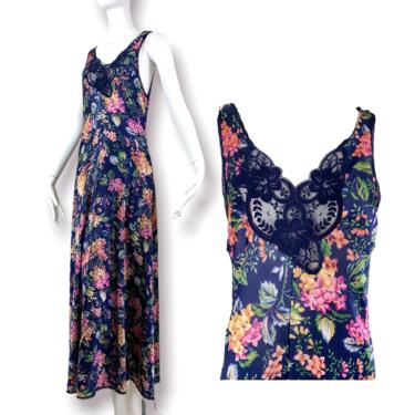 70s Vanity Fair Blue Floral Slip Dress / Small 