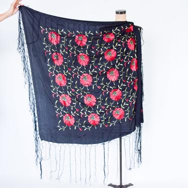 1910s Black Silk Piano Scarf | 1910s Black Piano Shawl With Red Embroidery Flowers 