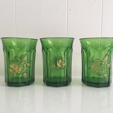 Vintage Green Glasses Lowball Set of Three (3) Glass Gold Flowers Cherry Blossom Dogwood 1960s Juice Barware Wine 