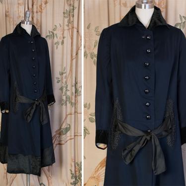 1920s Coat - The Tressa Coat - Vintage Early Vintage 20s Navy Blue Lightweight Wool Coat c. 1916 with Velvet Trim and Embroidery 