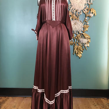 1970s maxi dress, vintage 70s dress, brown satin dress, off the shoulders, size medium, gunne sax style, bohemian dress, prairie dress, tie 