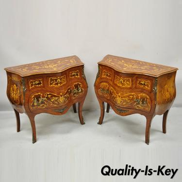 French Louis XV Styl Marquetry Inlay Bombe Commode Chest Bedside Table - a Pair
