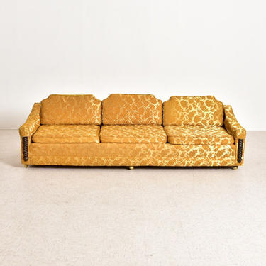 Vintage Yellow Damask Hollywood Regency Sofa