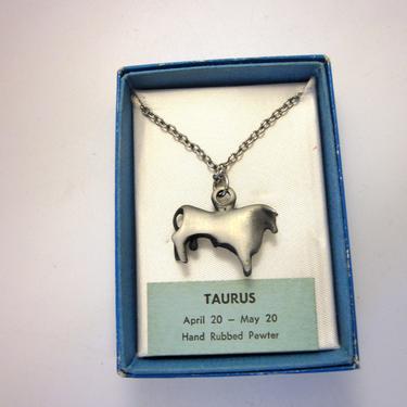 Vintage Jordan Marsh Rubbed Pewter Taurus Astrological Sign Bull Charm Pendant Necklace Gift Jewelry in Original Box 