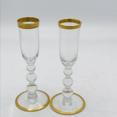 Vintage Pair of 22K Gold trim Cordial Shot glasses with Bubble Glass Stem- Mint Condition 