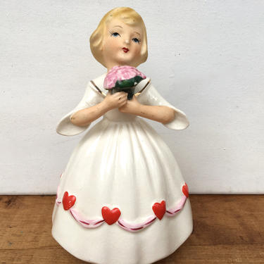 Vintage Schmid Valentine's Music Box Girl, Music Not Functioning, Valentine Girl Figurine Holding Bouquet Of Flowers 
