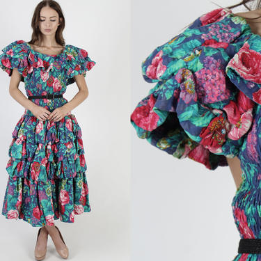 Smocked Diane Freis Dress / Avant Garde Romantic Fres Dress / Vintage 80s Blue Floral Off Shoulder / Heavyweight Tiered Midi Maxi Dress 