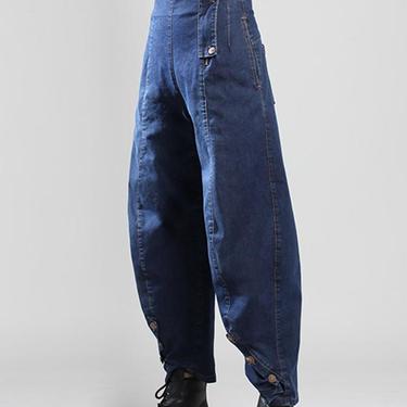 High Waist Full Tapered Leg Denim Pants with Ankle Buttons