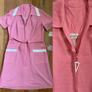 1950s / 1960s NOS deadstock short sleeved pink &amp; white women’s day dress / diner waitress server uniform - size L - 38 bust 36 waist - pinup 