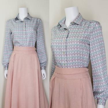 Vintage 70s Button Blouse, Medium / Pastel Secretary Blouse / Retro 1970s Polyester Top / Womens Long Sleeve Shirt / Country Western Shirt 