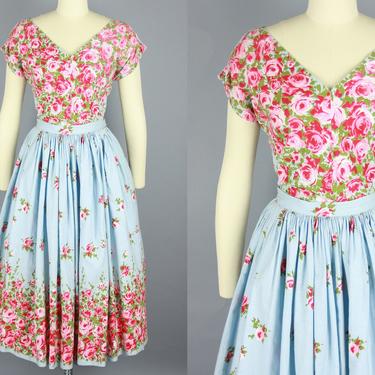 1950s ROSE PRINT Set | Vintage 50s Blue &amp; Pink Cotton Blouse and Skirt Set | xs 
