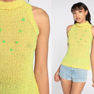 Sheer Knit Tank Top 70s Chartreuse Top Sleeveless Sweater Blouse Yellow Turtleneck Shirt Boho Vintage Bohemian Neon Floral Top Small Medium 