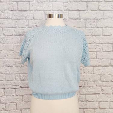 Vintage Soft Baby Blue Knit Sweater // Scallop Sleeve Cropped Sweater 