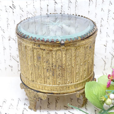 Antique French Jewelry Casket with Beveled Glass Top, Vintage Round Jewel Box, Silk Lining, France 