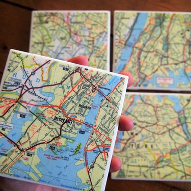 1985 New York Vintage Map Coasters Set of 4 - Ceramic Tile - Repurposed 1980s Exxon Road Map - Handmade - NYC Manhattan Brooklyn Jersey 