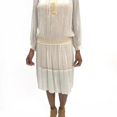 1920S Sheer Cotton Boho Folk Dress With Yellow Hand Embroidery &amp; Smocking 