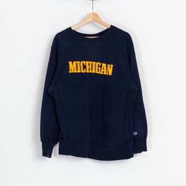 80s University Of Michigan Champion Reverse Weave Sweatshirt - Men&#39;s Medium, Women&#39;s Large | Vintage Unisex Navy Blue Collegiate Pullover 