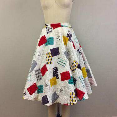 Vintage 50s Quilted Novelty Print Skirt Atomic Games Dominos 1950s Circle Skirt XS 