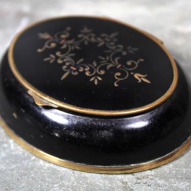 Gorgeous Vintage Vanity Box - Black with Inlaid Brass Filagree - Hinged Lid Trinket Box - Loose Powder Make Up Container  |FREE SHIPPING 