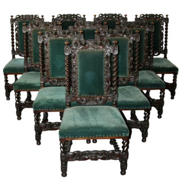 Antique Chairs, Ten French Renaissance Chairs,Upholstered in Dark Green Fabric!