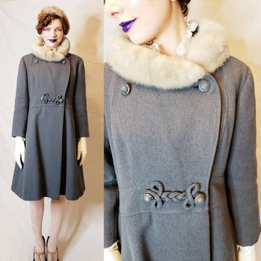 1960s Gray Wool Coat with Mink Fur Collar / 60s Button Down Coat with Braided Cord Frog Closure / Medium 