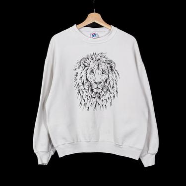 90s Lion Graphic Sweatshirt - Men's Large, Women's XL | Vintage White Graphic Animal Pullover 
