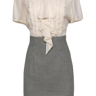 Escada - Cream & Black Ruffled Sheath Dress w/ Houndstooth Print Skirt Sz 10