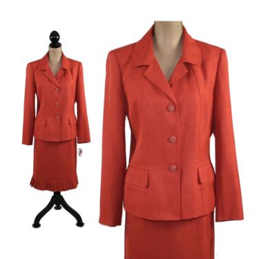 Rust Orange Suit Women Large, 2 Piece Set Skirt &amp; Jacket, Office Business Church, Polyester Pleated Hem, Vintage Clothing Le Suit Size 12 