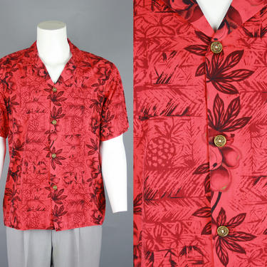 1950s HAWAIIAN Shirt | Vintage 50s Men's Red Cotton Floral Pineapple Print | large 