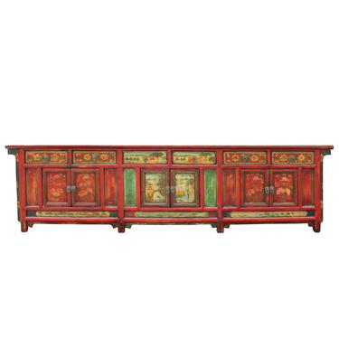 Chinese Distressed Red Flower Graphic TV Console Credenza Cabinet cs4919S