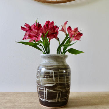 Vintage Vase - Ceramic Gray Brown Vase - Ginger Jar Shape - Speckled Rustic Vase 