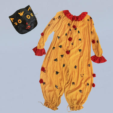RARE! Antique Halloween Costume /1920s  Evil Clown Cat  Jumpsuit Onesie / Cat Mask / Cutouts / Witches 