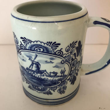 Vintage Blue Delftsblaum Beer Small Stein Coffee Mug Clipper Ship- Windmill-  4&amp;quot; tall- Great Condition-Hand Painted 