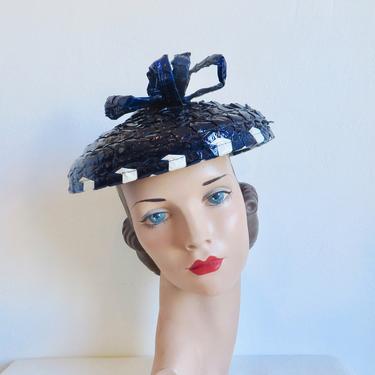 Vintage 1960's Navy Blue and White Cellophane Straw Hat Mod Spring Retro Mid Century 60's Millinery 