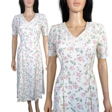 Vintage 90s Lace Collar Rose Print Floral Midi Dress All That Jazz Size 5 S 