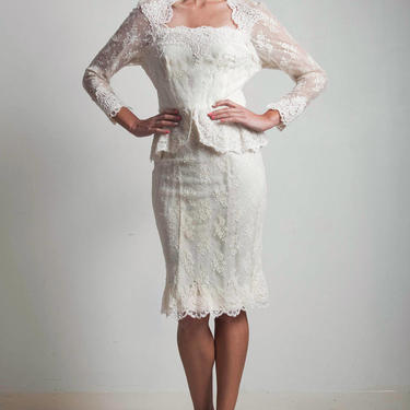 vintage 80s dress cream white lace bridal wedding queen anne neckline cutout back EXTRA LARGE XL 