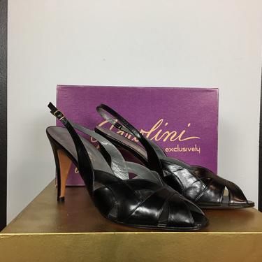 Vintage shoes, black leather, 1980s pumps, deadstock, garolini heels, sling back, peep toe, size 9, new in box, classic 